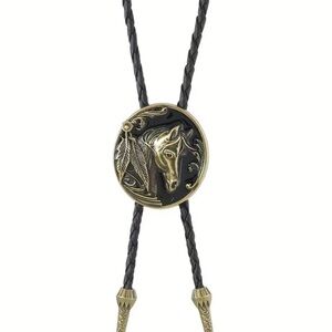 Western Horse Head Bolo Tie with Feather Motif - Black and Antique Gold